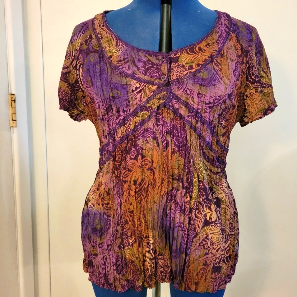 Acxess by Liz Claiborne Bohemian Print Purple Short Sleeve Blouse, Sz XL